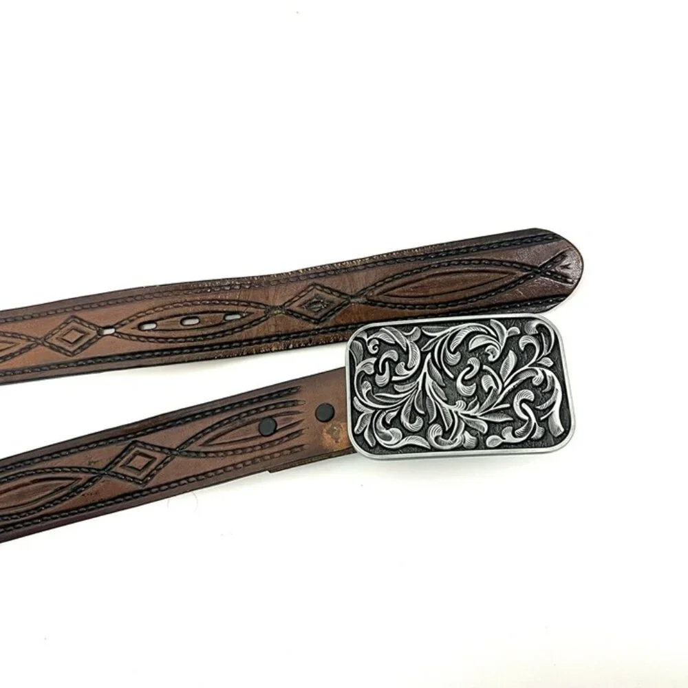 Men’s Western Tooled Top Grain Leather Belt Removable Buckle‎ Sz 38 Made in USA